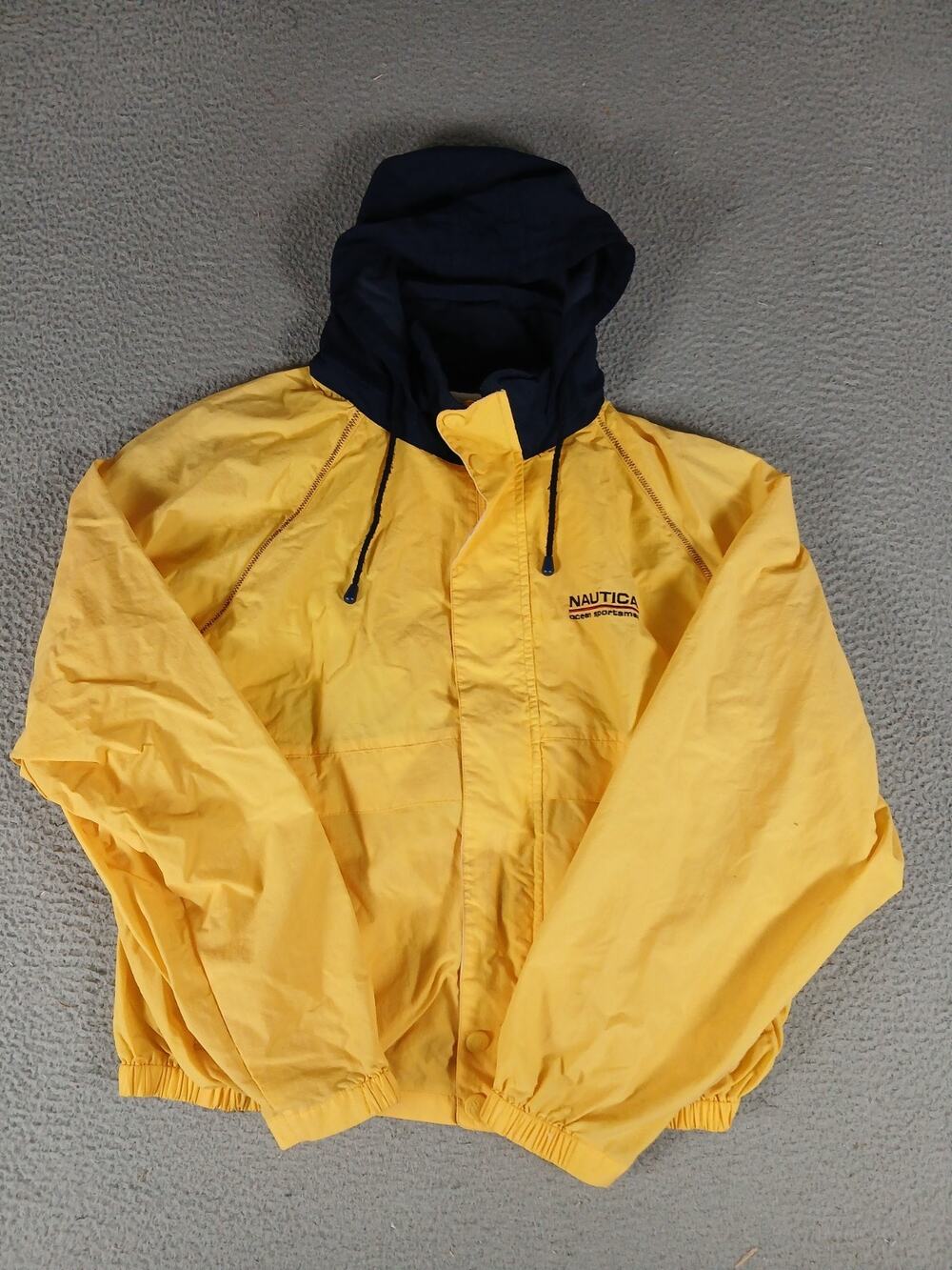 VTG Nautica Ocean Sportsman Windbreaker Jacket Mens 2XL Yellow Hooded Mesh Lined